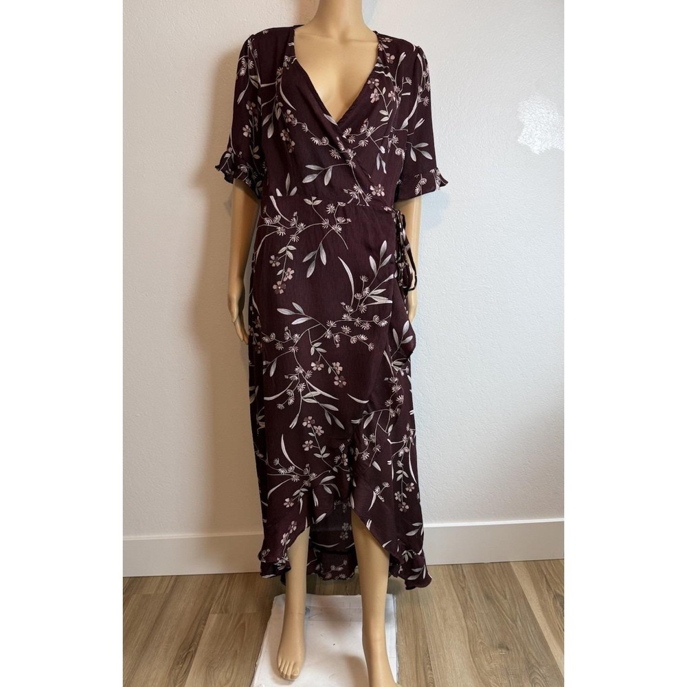 Vintage Y2K Lulus Wild Winds Burgundy Floral Wrap High Low Boho Midi Dress Sz XL